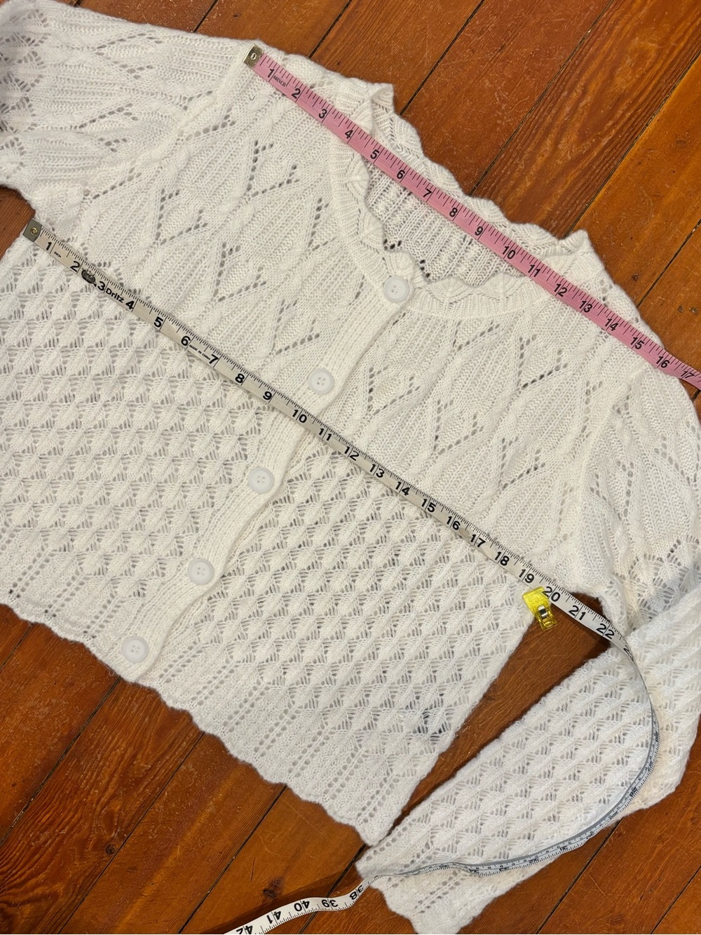 White Lace Knit Cardigan Cropped Button Front Romantic Cottagecore Coquette L - Picture 5 of 9